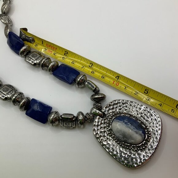 Chico's Textured Metal Pendant Blue Silver Etched Beaded Long Chain Necklace - Picture 6 of 6